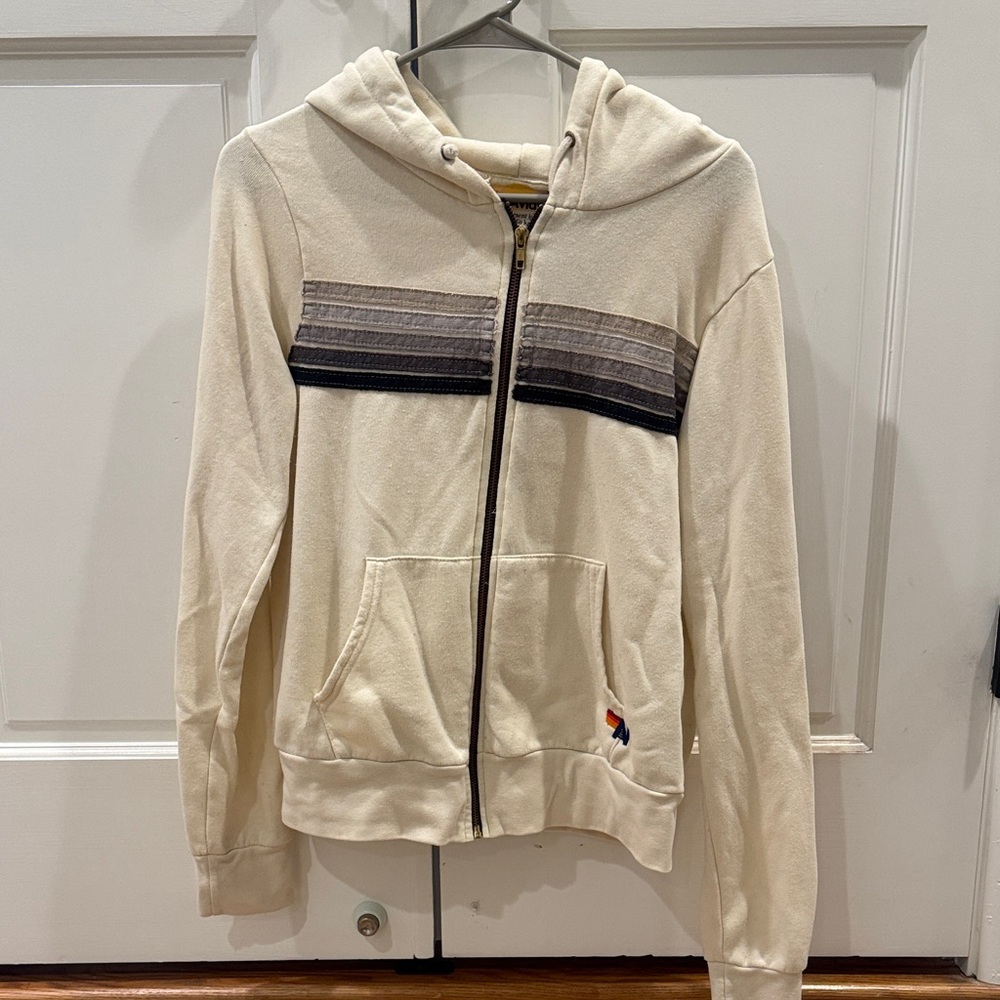 Aviator Nation Cream Zip Hoodie with Gray Stripe Accents